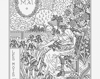 May - Les Mois 1896 by Eugene Grasset - Blackwork PDF Pattern (Backstitch as in Cross Stitch) - Modern Hand Embroidery Pattern