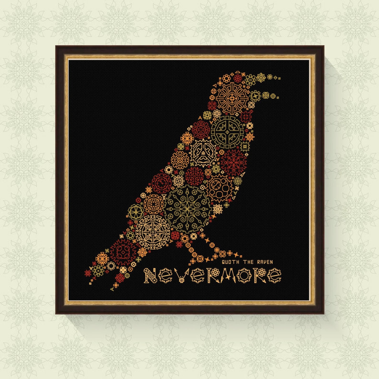 Steampunk Gear and Cogs Raven Nevermore - Modern Blackwork Cross Stitch Pattern - Steampunk Wall Art Edgar Allan Poe Quote