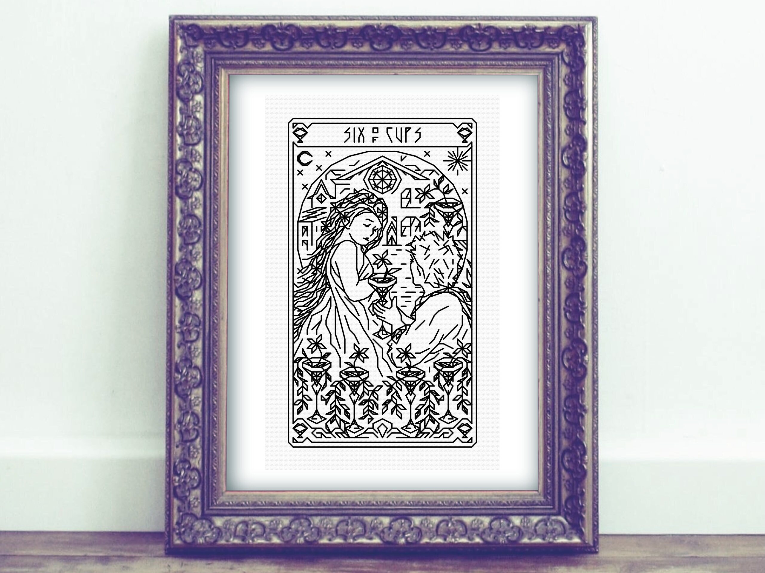 SIX OF CUPS Tarot Modern Cross Stitch Pattern Blackwork Embroidery Art Nouveau