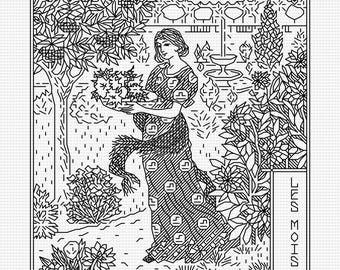 September - Les Mois 1896 by Eugene Grasset - Blackwork PDF Pattern (Backstitch as in Cross Stitch) - Modern Hand Embroidery Pattern