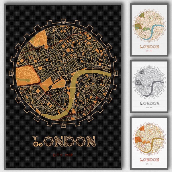 LONDON Map Wall Art - Modern Cross Stitch Pattern - 4 color versions - Steampunk London Map Clock Wall Art Poster - Chart PDF Download