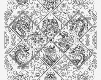 Chinese Dragons Sampler - Modern Hand Blackwork Embroidery Pattern, Backstitch as Cross Stitch, Chart PDF