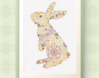 Steampunk Rabbit, Easter Hare - Modern Blackwork Cross Stitch Pattern - Steampunk Wall Art