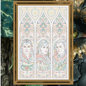 以下が含まれることがあります： カラフルな幾何学模様が施されたステンドグラスの窓が3つあるクロスステッチのパターン。それぞれの窓には、木と下のテキスト「Fir Ailm」、「Birch Beith」、「Hazel Coll」と共に、異なるエルフが描かれています。