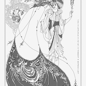 Op de afbeelding: Zwart-witte lijntekening van twee figuren, een met een grote verenhoed en de andere met een grote hoed. De figuren staan ​​naast elkaar en lijken te dansen. De achtergrond is gevuld met draaiende lijnen en vormen.