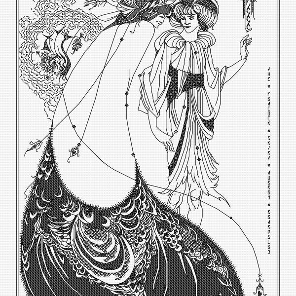 The Peacock Skirt by Aubrey Beardsley - Blackwork PDF Pattern (Backstitch as in Cross Stitch) - Modern Hand Embroidery Pattern
