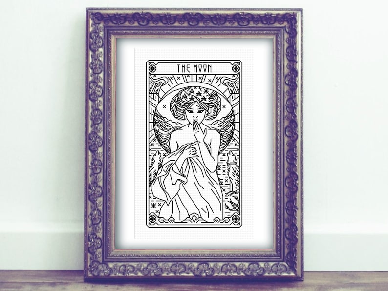 THE MOON Tarot Modern Cross Stitch Pattern Blackwork Embroidery Art Nouveau image 1