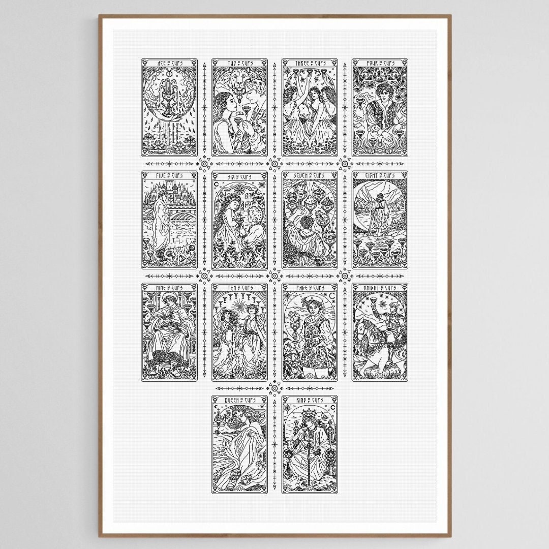 SEME DI COPPE Tarocchi Arcani Minori - Sampler 14 Carte - Schema Punto Croce Moderno Ricamo a Mano Blackwork Art Nouveau