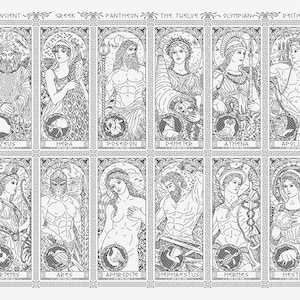 Op de afbeelding: Een zwart-witte illustratie van de twaalf Olympische goden uit de Griekse mythologie. De afbeelding is verdeeld in twaalf vierkanten, elk met een andere godheid. De goden zijn Zeus, Hera, Poseidon, Demeter, Athena, Apollo, Artemis, Ares, Aphrodite, Hephaestus, Hermes en Hestia.
