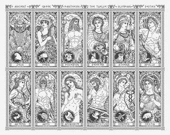 Ancient Greek Pantheon - Twelve Olympian Deities  - Modern Hand Blackwork Embroidery Pattern, Backstitch as Cross Stitch, Chart PDF