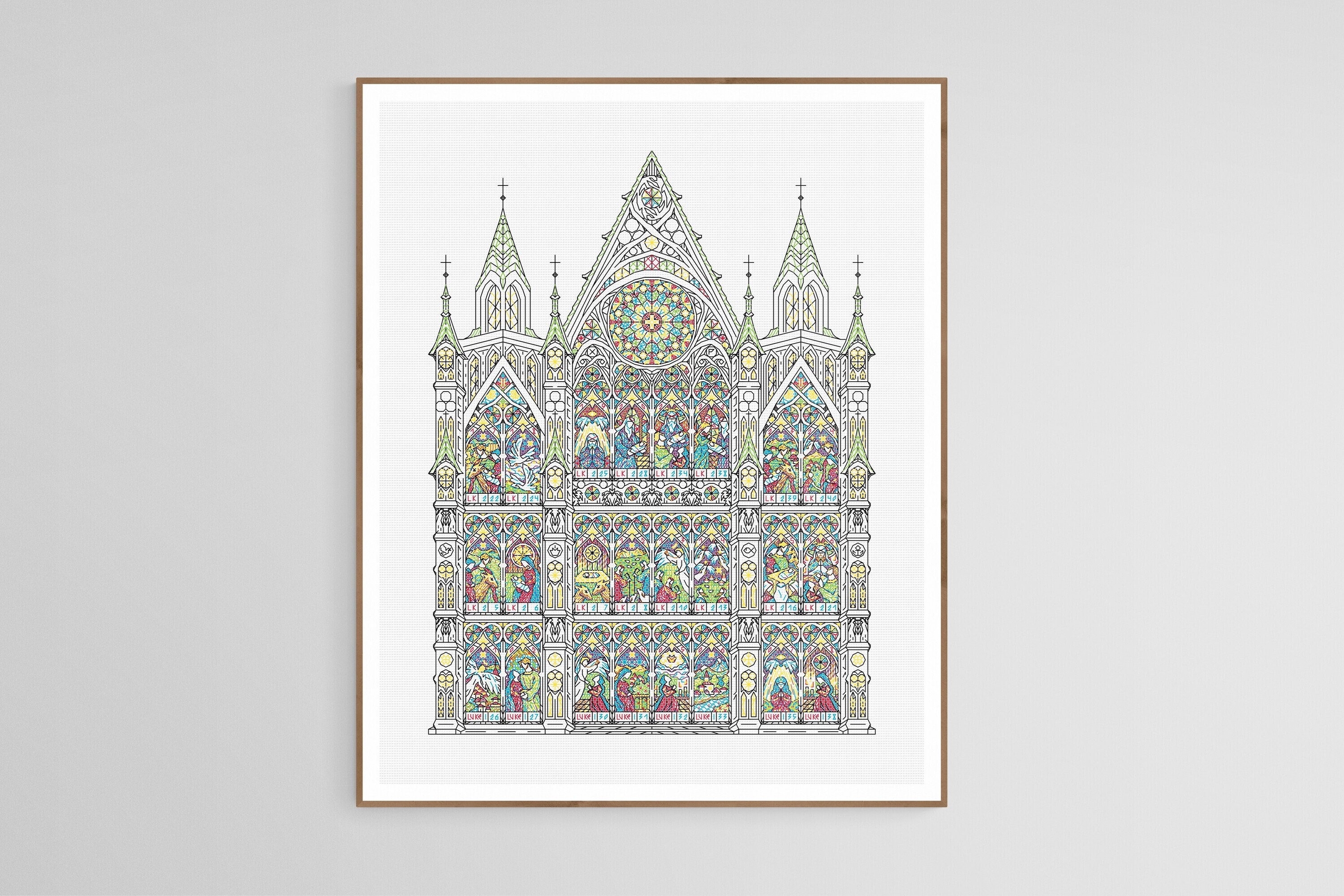 Advent Calendar - Gothic Cathedral with Stained Windows - Modern Hand Blackwork Embroidery Pattern, Backstitch as Cross Stitch, Chart PDF