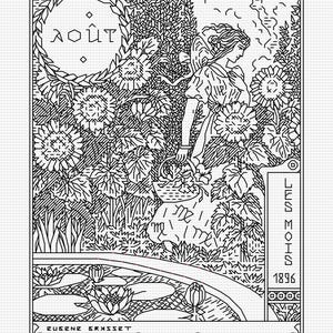 Könnte beinhalten: Schwarz-Weiß-Illustration einer Frau in einem Garten mit Sonnenblumen, einem Teich und dem Text "AOÛT" und "LES MOIS". Das Kunstwerk ist signiert "EUGÈNE GRASSET" und datiert 1896.