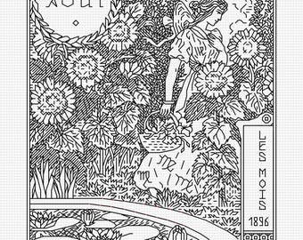 August - Les Mois 1896 by Eugene Grasset - Blackwork PDF Pattern (Backstitch as in Cross Stitch) - Modern Hand Embroidery Pattern