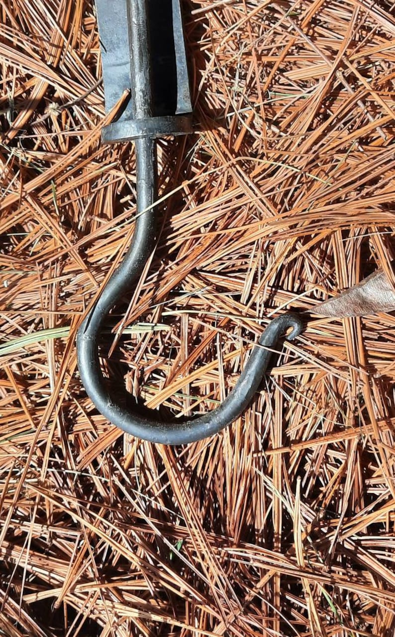 Peut inclure: Un crochet en m&eacute;tal noir avec une extr&eacute;mit&eacute; arrondie, pos&eacute; sur un lit d'aiguilles de pin brunes.