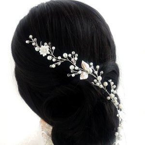 Bridal hair vine with pearl flowers and leaf,  Wedding Hair accessories Rustic baby’s breath hair piece