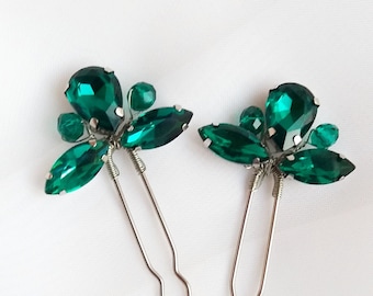 Set de 2 horquillas con cristales verde esmeralda. Alfileres de pelo nupcial Boda pieza de pelo verde, Alfileres de pelo de dama de honor Joyería de pelo esmeralda novia