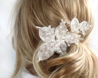 Silver leaf bridal hair comb for bride, Bridal crystal hair piece, Wedding hair accessories for women long hair