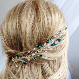 Hair vine emerald green for wedding, Hair accessories hair piece, Bridal silver headpiece