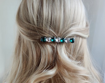 Emerald green hair alligator clip, Bridal silver hair accessories for bride, Wedding hair piece