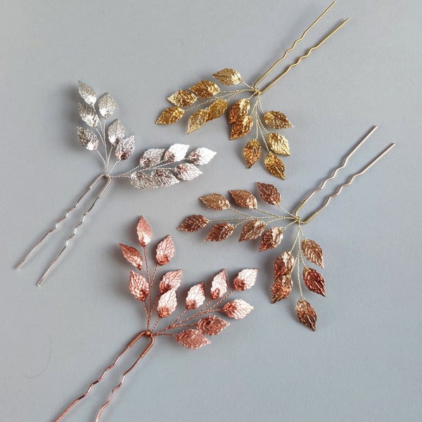 Hair pins wedding gold leaf headpiece Bridal hairpin Bridesmaid hair pins Rose gold hair piece  Bohemian bride Fall wedding