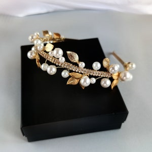 Bridal bridal headband Wedding tiara gold pearl for bride, Wedding hair piece, Headpiece crystal crown Bridal accessories
