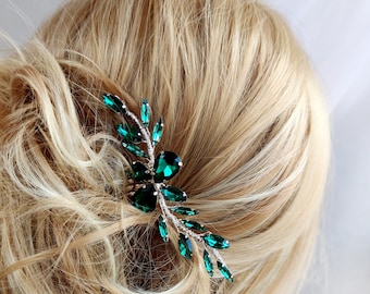 Emerald green hair comb, Bridal comb with emerald crystal for bride, Hair accessories for wedding