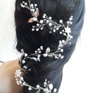 Cristal de prata de videira de cabelo de noiva, aplique de cabelo de casamento para noiva, pérola de peruca de noiva