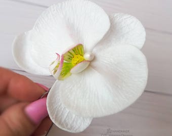 Tocado nupcial orquídea blanca orquídea blanca pin de boda accesorios de boda peine de pelo de las mujeres flor su tocado floral romántico flor de boda real