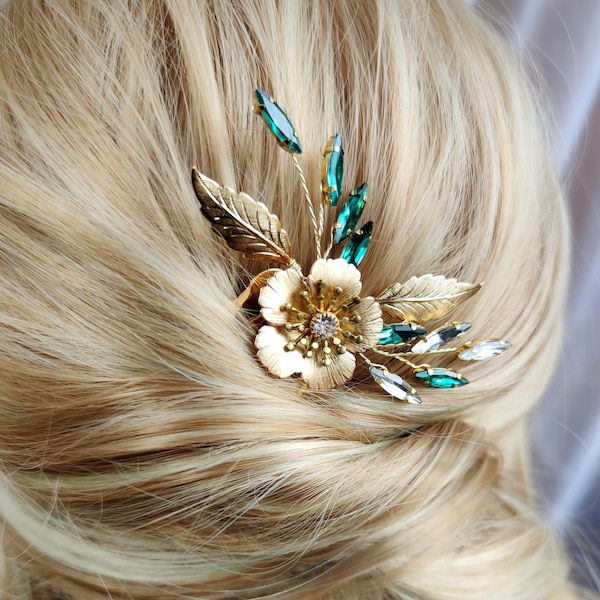 Smaragd Hochzeit Haarschmuck, Gold Smaragd Haarkamm für Braut, Strass Hochzeit Kamm, grüner Abschlussball Kopfschmuck