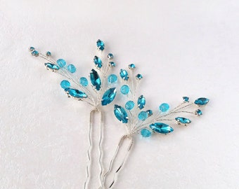 Bridal hair pins with blue crystals for Bride, Wedding hair piece