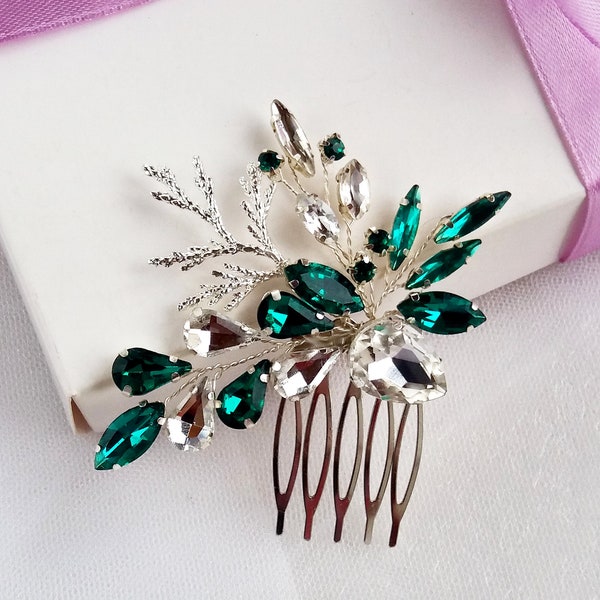 Silver bridal comb with emerald crystal and branch for bride, Rhinestone Wedding comb, Green prom headpiece