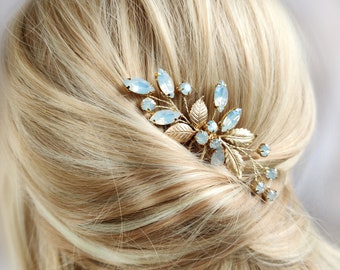 Opalite Gold Hair Comb, White Opal Hair Slide, Wedding Hair  display picture 2