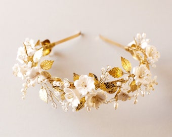 Gold tiara with pearls and crystals, Bridal gold crown headpiece, Wedding flower hair piece, Wedding headband