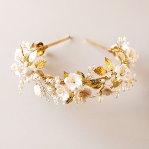 Gold tiara with pearls and crystals, Bridal gold crown headpiece, Wedding flower hair piece, Wedding headband