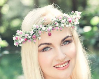 Babys breath flower crown wedding, Floral crown headband, Bridal headpiece