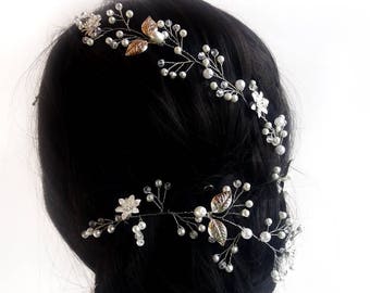 Bridal crystal long hair vine, Wedding hair piece, Silver headband Baby breath hair, Pearl Headpiece