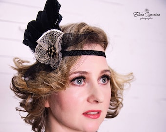 Great Gatsby 20's flapper Headpiece Vintage Inspired Gold Bridal 1920s Headpiece black 1930s headband bridesmaid flapper Gold Gatsby Jewelry