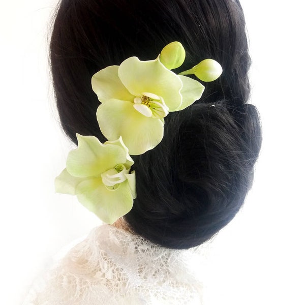 Floral hair comb for bride, Lemony orchid hair clip, Bridal hair pin bridesmaid gift, Wedding hair piece  Tropical hairclip Flower headpiece