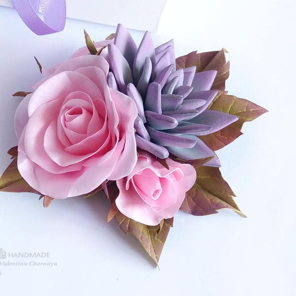 Flower hair clip with succulent and roses, Bridal hair comb for bride Wedding hair piece