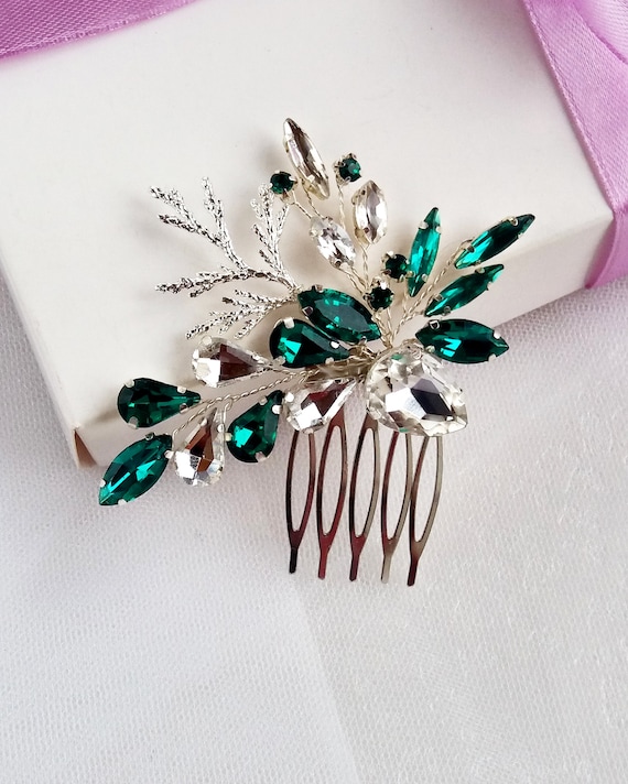 Silver Bridal Comb With Emerald Crystal and Branch for Bride  display picture 3