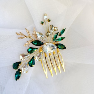 Gold Bridal comb with emerald crystal and branch for bride, Gold hair piece wedding, Rhinestone hair pins