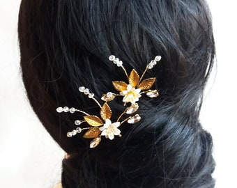 Crystal hair pins wedding, Bridal hair pieces, Gold leaf hair pin