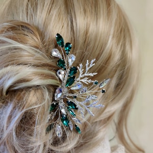 Smaragdgroene en gouden haarkam, Bruidskam met smaragdgroen kristal en tak voor bruid, Groen promhoofddeksel afbeelding 2