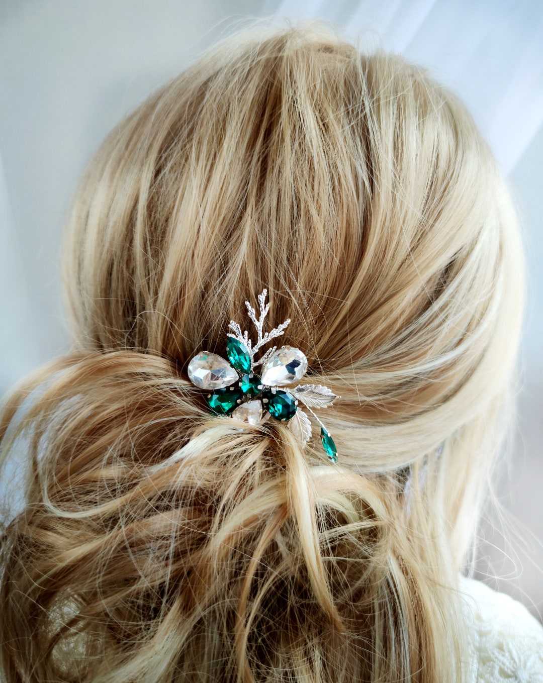 Emerald Green Hair Comb for Bride, Silver Bridal Hair Piece Comb