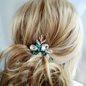 Emerald green hair comb for bride, Silver bridal hair piece comb, Wedding hair accessories for bridesmaid, Prom headpiece