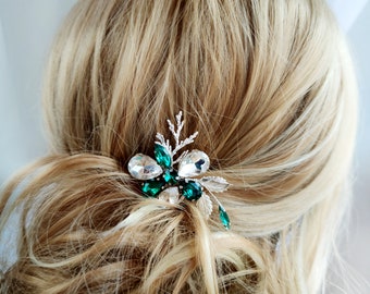 Emerald green hair comb for bride, Silver bridal hair piece comb, Wedding hair accessories for bridesmaid, Prom headpiece