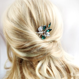 Wedding hair pin, Emerald green hair pin for bride, Bridal silver hair piece, Hairpiece bridesmaid hair pins  BR-120