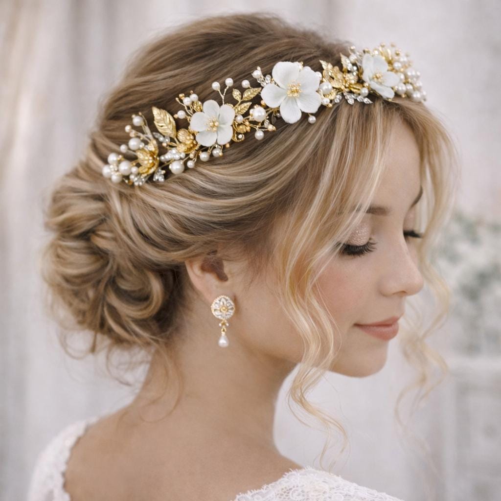 Bridal Gold Tiara With Pearls & Crystals, Wedding Flower  display picture 3