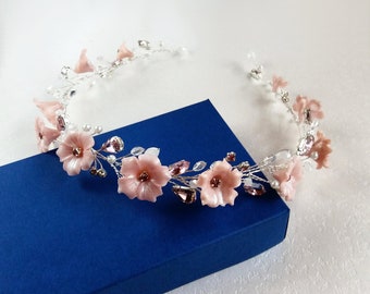 Wedding headband for bride with pink flowers, crystals and pearls, Bridal hair vine Wedding hair piece Bridesmaid gift