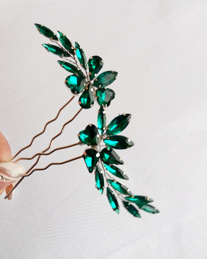 Emerald Green Hair Pin Bridal Hair Piece Crystal Rhinestone Etsy